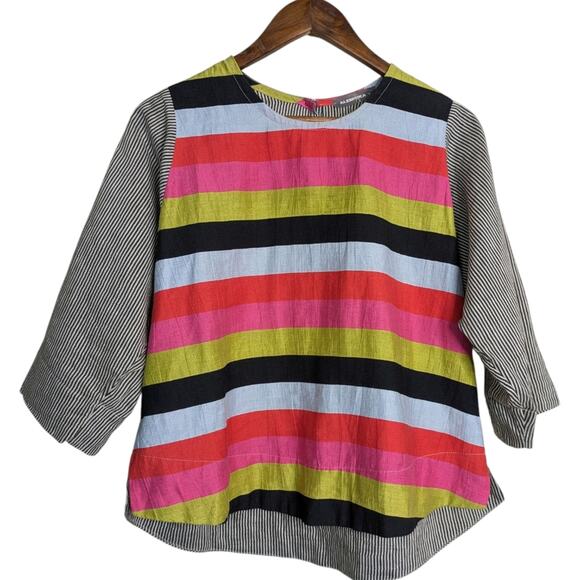 Alembika Mixed Print Media Striped Linen Top Small Multicolor Lagenlook Artsy - Picture 10 of 11
